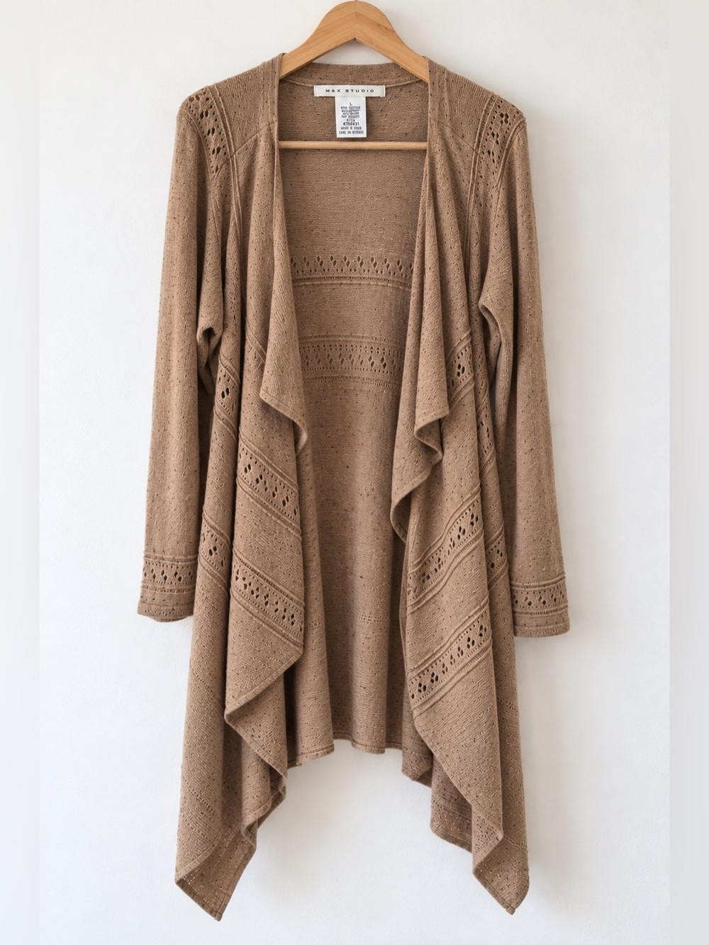 Max Studio Boho Waterfall Duster Cardigan Tan Open Knit Large